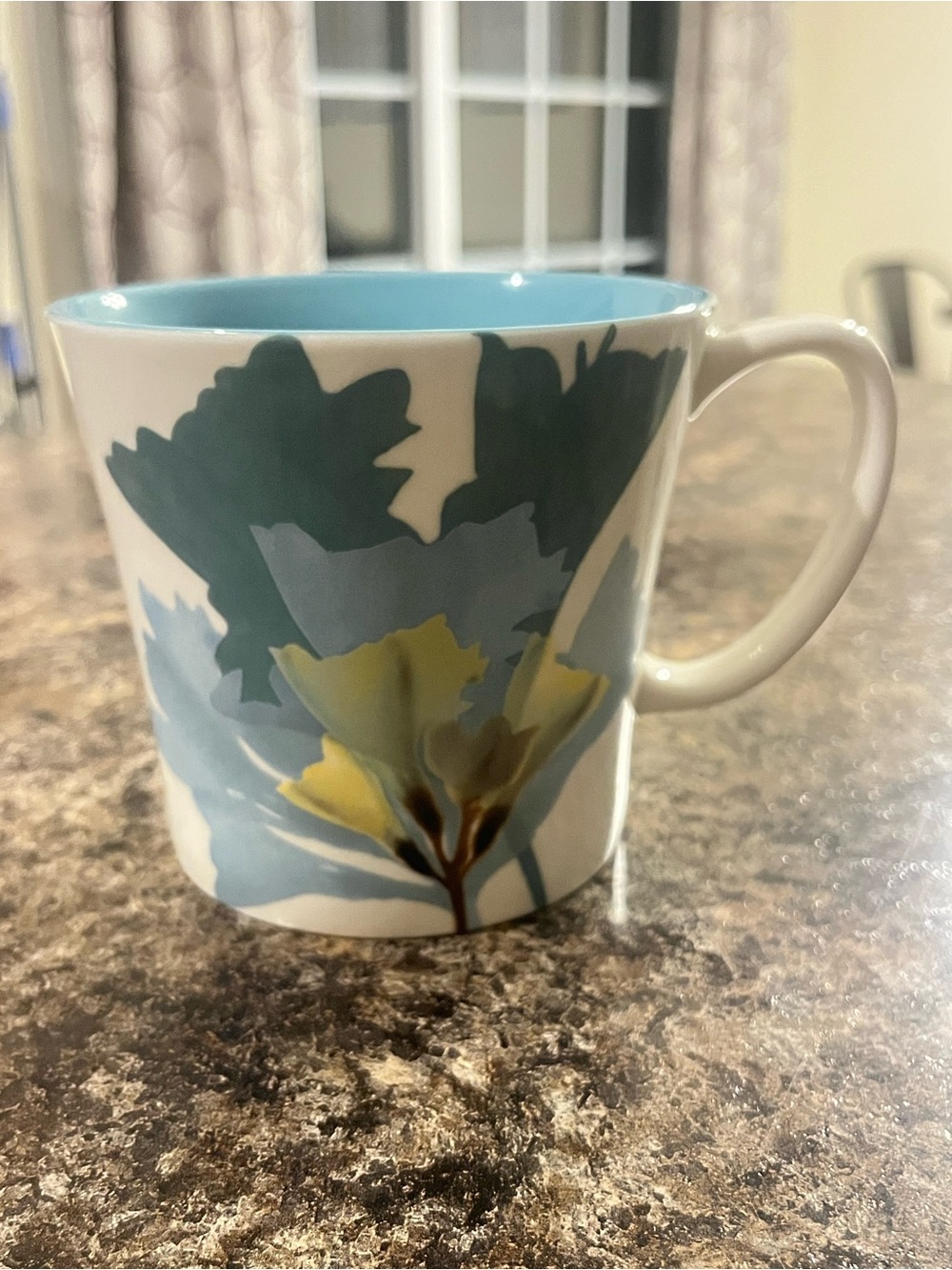 Starbucks Hand Painted Floral Coffee & Tea Mug White Blue Interior 2009